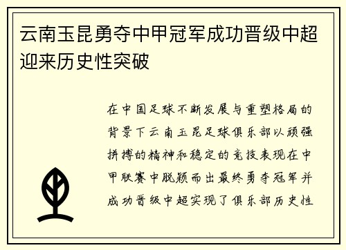 云南玉昆勇夺中甲冠军成功晋级中超迎来历史性突破 云南玉昆勇夺中甲冠军成功晋级中超迎来历史性突破